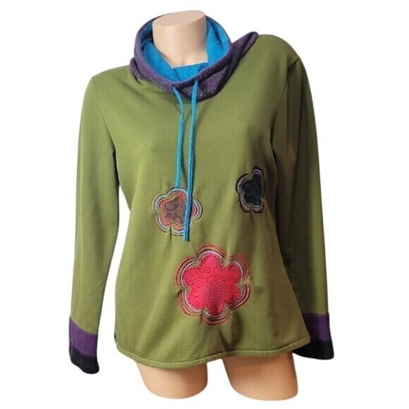 Camden GEKKO Green Pullover Purple & Blue Accents Floral Appliqué Funnel Neck - Picture 2 of 14